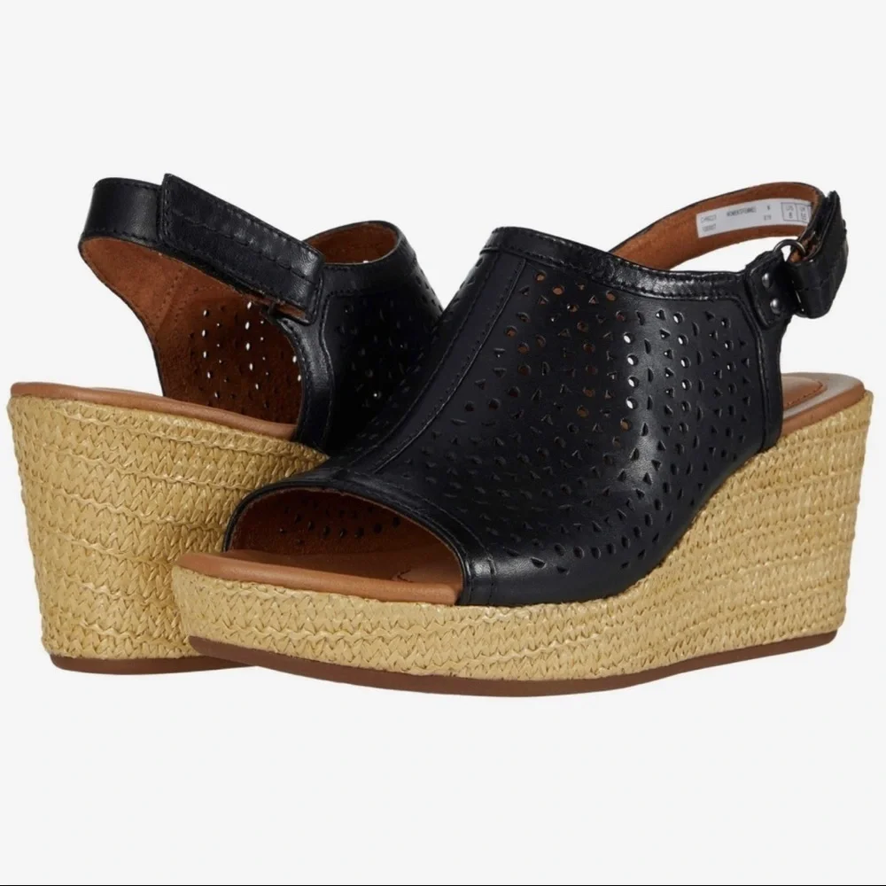 NIB Cobb Hill by Rockport 8W WIDE Erika Slingback Perforated Wedge Sandal Black